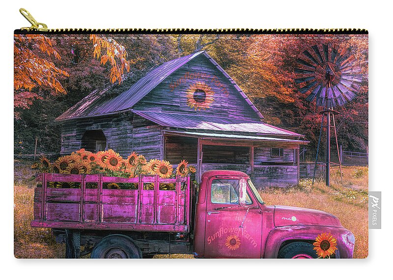 Sunflower Zip Pouch featuring the photograph Red Truck at the Autumn Sunflower Farm by Debra and Dave Vanderlaan