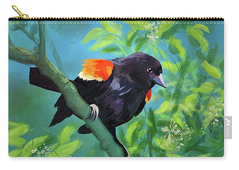 Bird Zip Pouch featuring the digital art Red-Winged Blackbird On Display by Lois Bryan