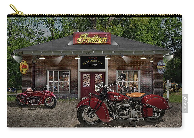 Indian Motorcycles Carry-all Pouch featuring the photograph Reds Motorcycle Shop C by Mike McGlothlen