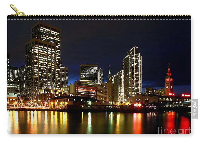 Ferry Building Zip Pouch featuring the photograph Reflecting on the San Francisco Waterfront by Tony Lee