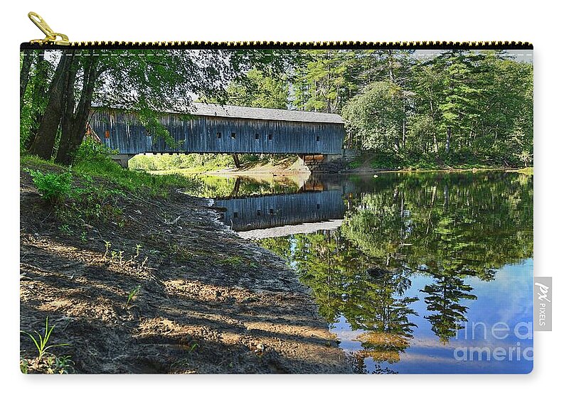 Reflection Zip Pouch featuring the photograph Reflections at the Covered Bridge by Steve Brown