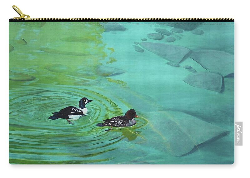 Barrows Goldeneye Zip Pouch featuring the painting Reflections_ Barrows Goldeneye by Tammy Taylor