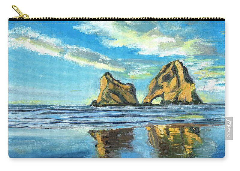 Beach Seascape Water Sky Arches Reflections Zip Pouch featuring the painting Reflections by Santana Star