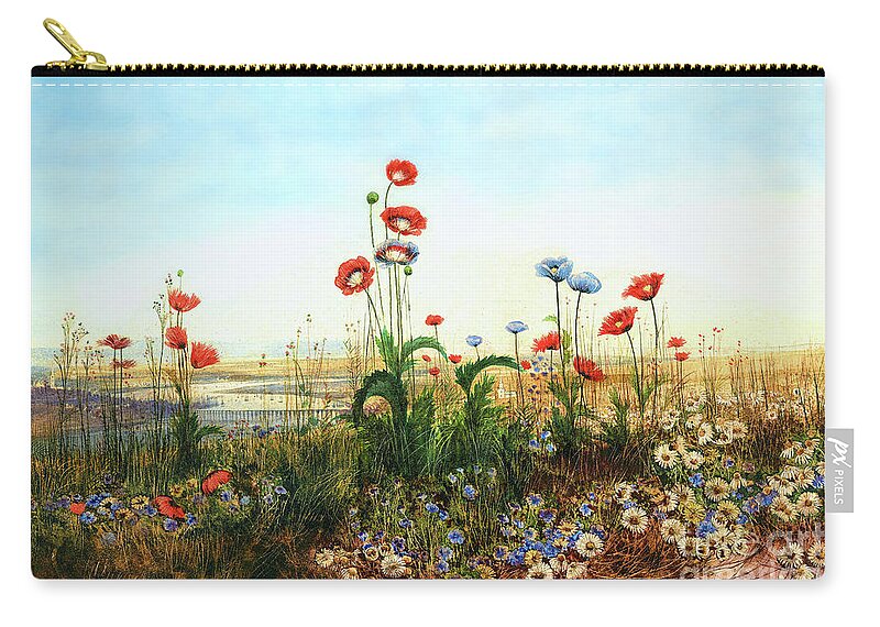 Wingsdomain Zip Pouch featuring the painting Remastered Art A Distant View Of Derry Through A Bank Of Wild Flowers by Andrew Nicholl 20231227 by Andrew Nicholl