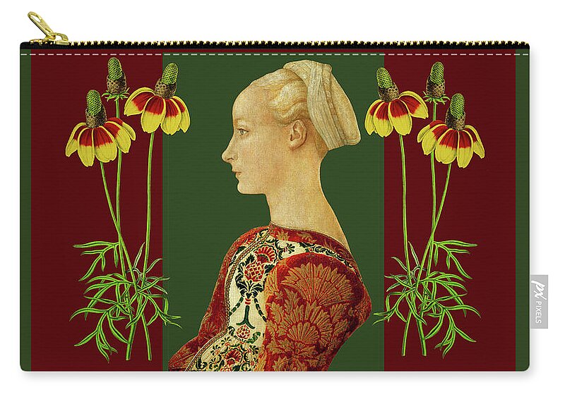 Portrait Zip Pouch featuring the mixed media Renaissance Lady with Flowers by Lorena Cassady