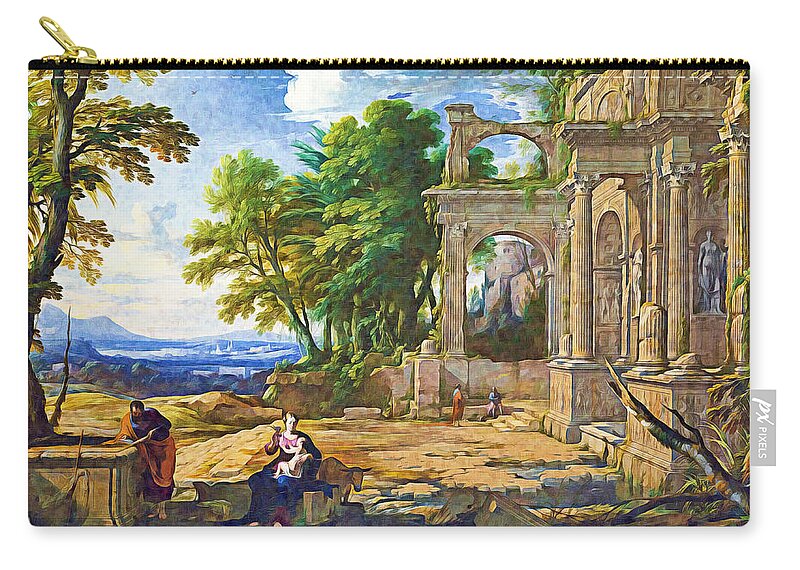 Rest Zip Pouch featuring the photograph Rest on the flight into egypt in 1652 by Munir Alawi
