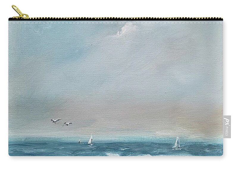 Resting Boat Lonely Boat Rest Wooden Boat Oar Moor Wave Ocean Seascape Blue Acrylic Painting Miroslaw Chelchowski Print Seagull Sailing Clouds Sky Ocean Shore Sand Zip Pouch featuring the painting Resting Boat by Miroslaw Chelchowski