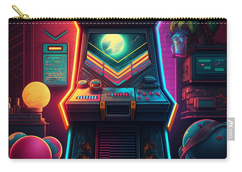 Retro Zip Pouch featuring the digital art Retro 80s Arcade Cabinet Neon Abstract by Flippin Sweet Gear