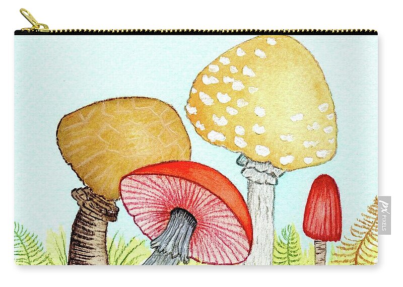 Retro Mushrooms Carry-all Pouch featuring the painting Retro Mushrooms 1 by Donna Mibus