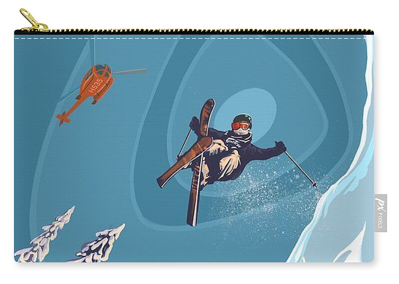 Retro Ski Art Zip Pouch featuring the painting Retro Ski Jumper Heli Ski by Sassan Filsoof