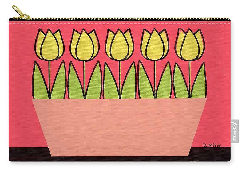 Mid Century Yellow Tulips Zip Pouch featuring the painting Retro Tabletop Flowers Tulips by Donna Mibus