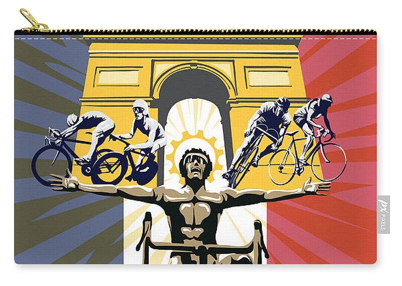 Tour De France Zip Pouch featuring the painting retro Tour de France Arc de Triomphe by Sassan Filsoof