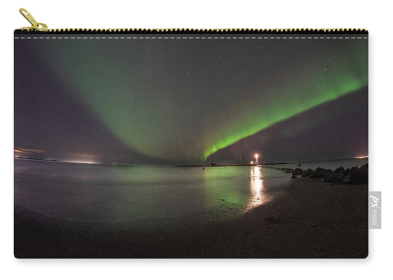 Reykjavik Zip Pouch featuring the photograph Reykjavik Iceland Beautiful Northern Lights at the Grotta Lighthouse Green Blast by Toby McGuire