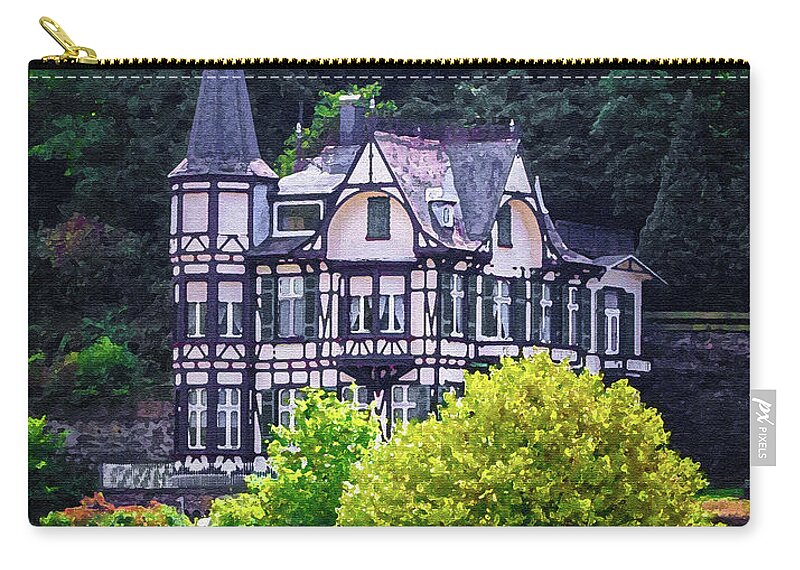 Rhine River Gorge Carry-all Pouch featuring the digital art Rhine Gorge Manor House, Dry Brush on Canvas by Ron Long Ltd Photography