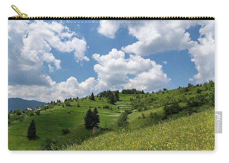 Big Sky Zip Pouch featuring the photograph Rhodope Mountain Village Layers - Wildflower Meadows Green Hillsides and Fab Clouds by Georgia Mizuleva