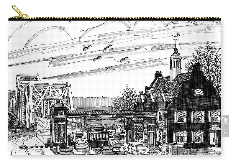 Hudson River Bridges Zip Pouch featuring the drawing Rip Van Winkle Bridge Catskill NY by Richard Wambach