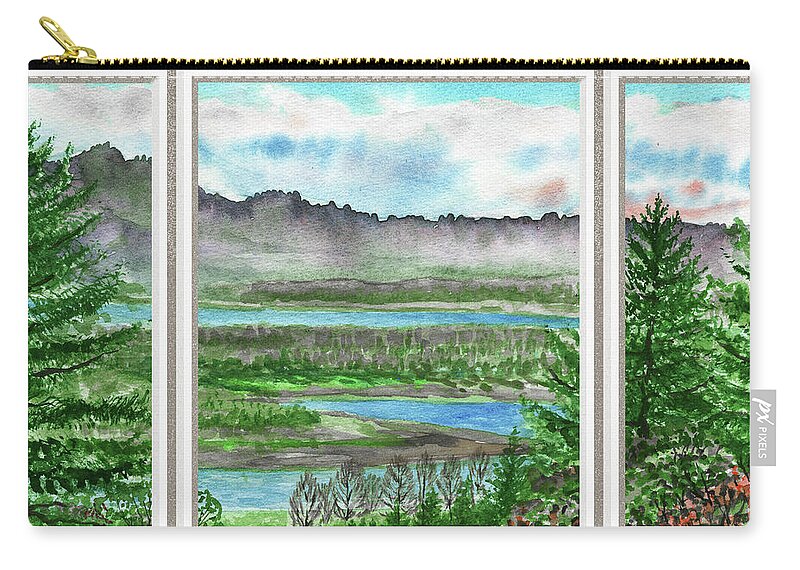 Window View Carry-all Pouch featuring the painting River House Window View Meditative Landscape With Calm Waters And Hills Watercolor I by Irina Sztukowski