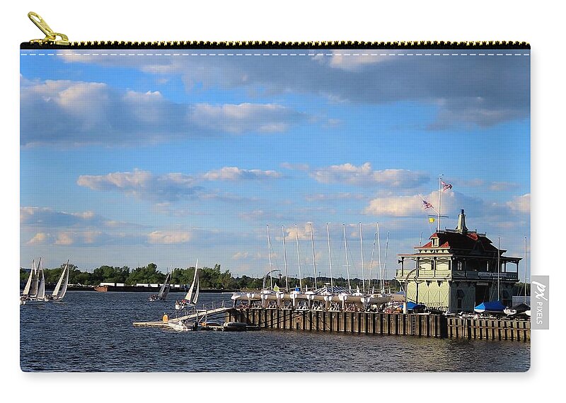 Yacht Clubs Zip Pouch featuring the photograph Riverton Yacht Club and Sailboats on the Delaware by Linda Stern