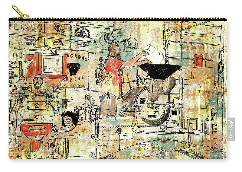 Coffee Zip Pouch featuring the digital art Roasting Coffee At The Black Dog Cafe by Lois Bryan