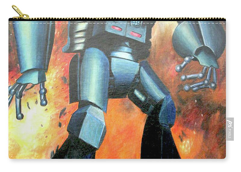 Robot Fire Boy City Color Pencil Drawing Transformer Orange Blue Figure Carry-all Pouch featuring the drawing Robert Robot by Kasey Jones