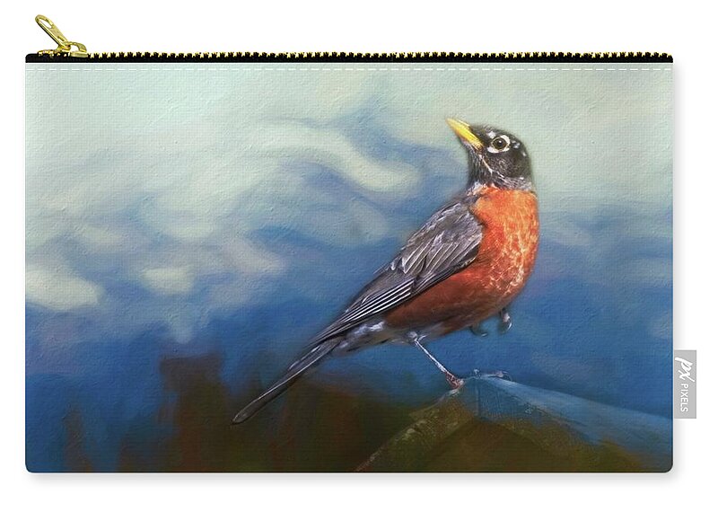 Robins Zip Pouch featuring the photograph Robin's Perch by Marjorie Whitley