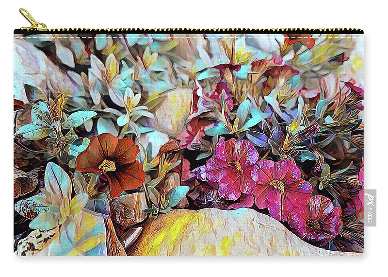Garden Zip Pouch featuring the painting Rock garden with colorful flowers oil painting by Patricia Piotrak