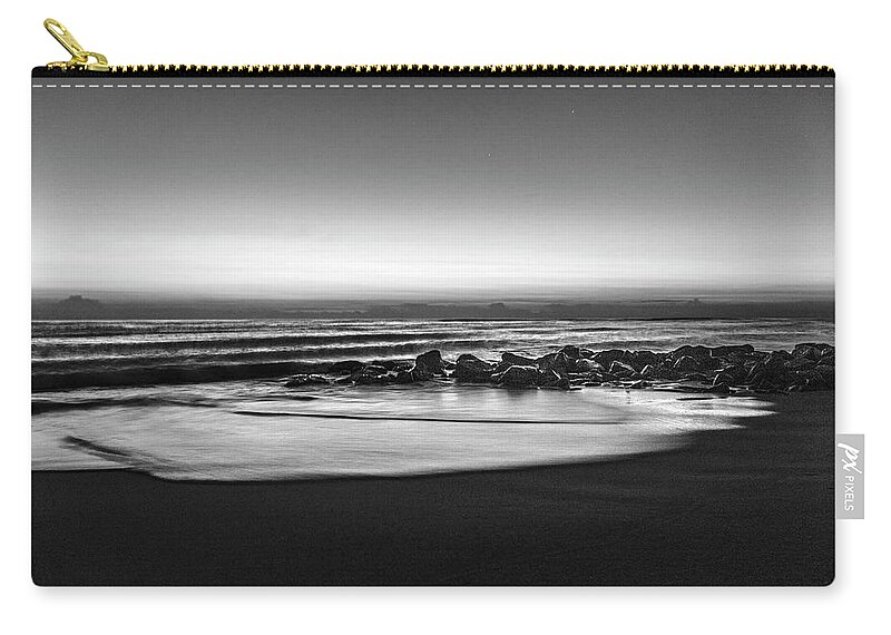 Birds Zip Pouch featuring the photograph Rocky Beach at Dawn Black and White by Debra and Dave Vanderlaan