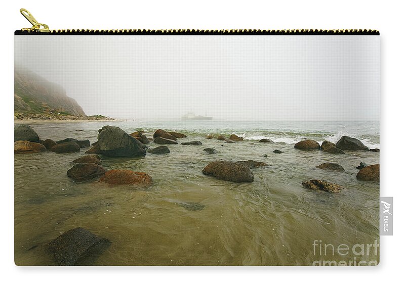 California Zip Pouch featuring the photograph Rocky seashore at overcast foggy day by Hanna Tor