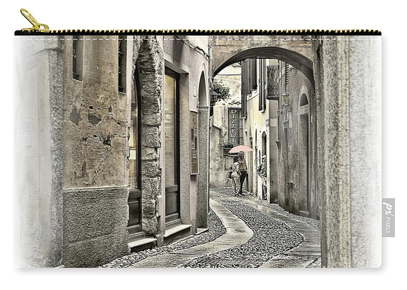 Italy Zip Pouch featuring the photograph Romantic picture of a couple with pink umbrella under rain choosing meal in Pizzeria italian town by Tatiana Bogracheva