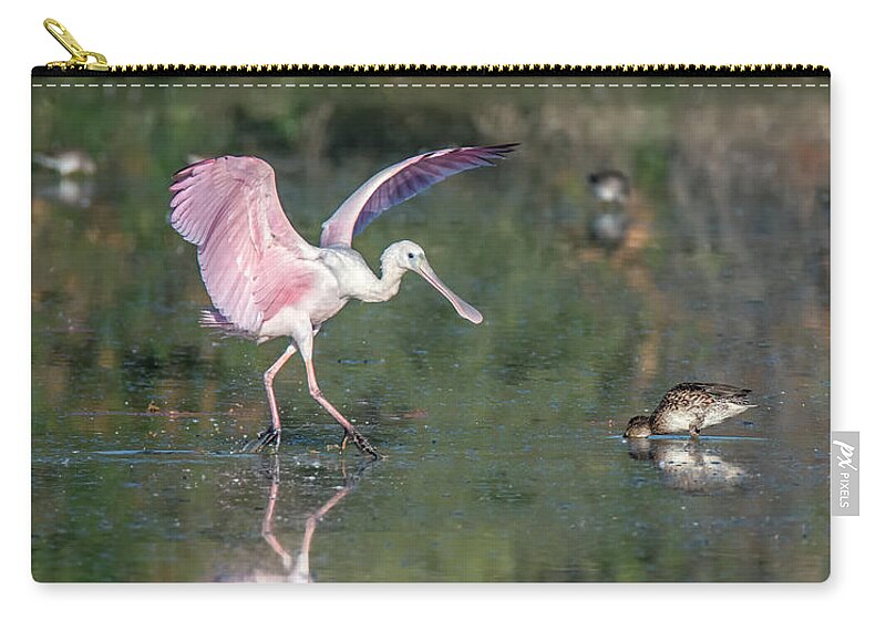 Roseate Spoonbill Zip Pouch featuring the photograph Roseate Spoonbill and American White Pelican 3415-111920-2 by Tam Ryan
