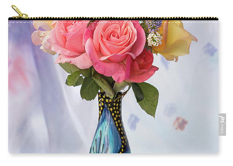 Roses Zip Pouch featuring the photograph Roses in a Blue Vase by Vanessa Thomas