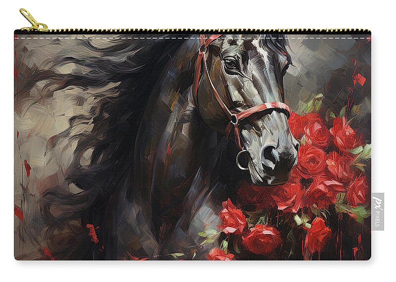 Horse With Roses Zip Pouch featuring the painting Roses Unveiled - Equestrian Elegance Art by Lourry Legarde