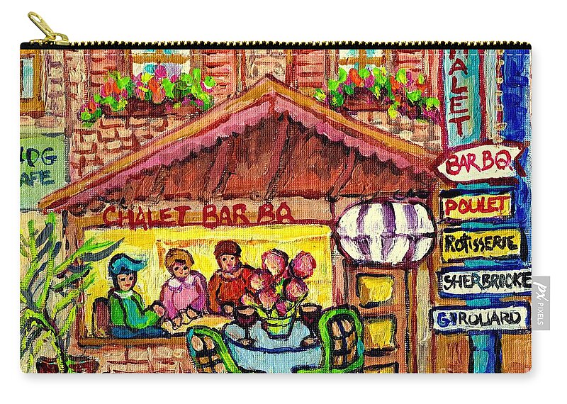 Chalet Bbq Zip Pouch featuring the painting Rotisserie Chalet Bar B Q Chicken Dinner In Ndg C Spandau Montreal Art Hand Painted Canvas For Sale by Carole Spandau