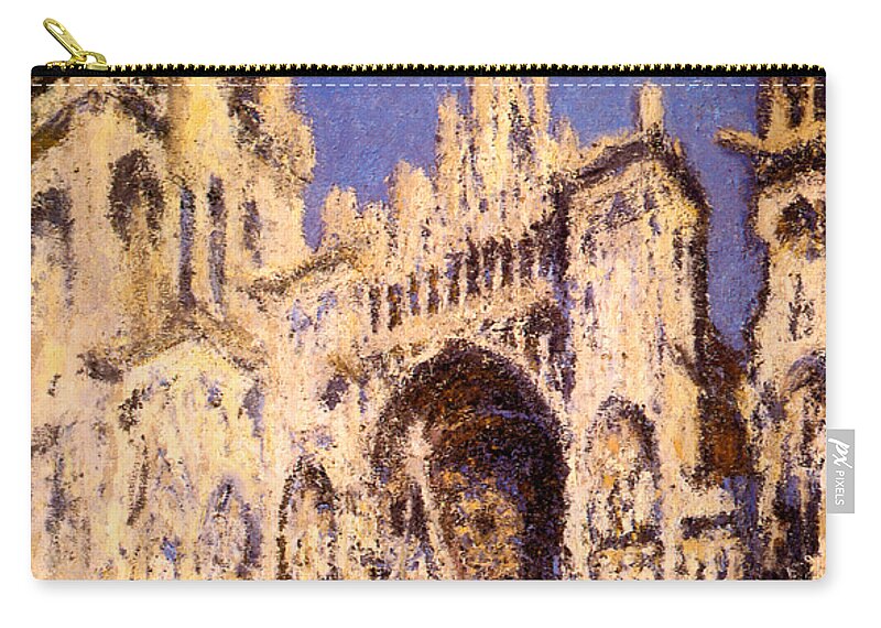 Claude Monet Carry-all Pouch featuring the painting Rouen Cathedral Portal and Tour d Albane Full Sunlight Harmony in Blue and Gold by Claude Monet