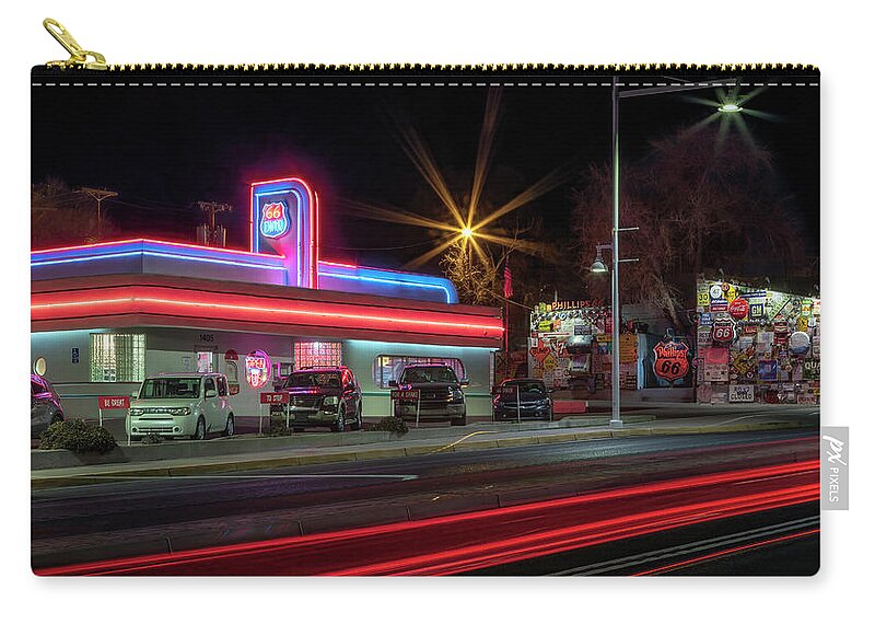 Route 66 Zip Pouch featuring the photograph Route 66 - The 66 Diner at Night - Albuquerque NM by Susan Rissi Tregoning