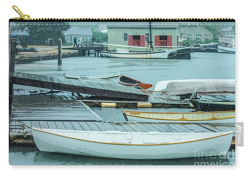 Sailboats Zip Pouch featuring the digital art Row boats tied up in harbor on rainy day by Susan Vineyard