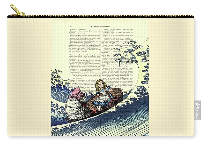 Alice In Wonderland Zip Pouch featuring the drawing Rowing Alice in Wonderland fantasy artwork by Madame Memento