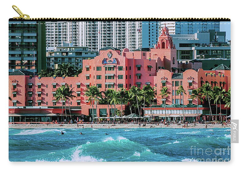 Royal Hawaiian Hotel Zip Pouch featuring the photograph Royal Hawaiian Hotel Surfs Up by Aloha Art