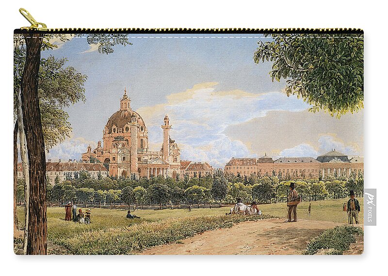 Vintage Zip Pouch featuring the painting Rudolf von Alt, View of St.Charles s Church and the Polytechnic Institute by MotionAge Designs