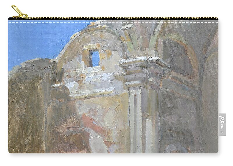 Mission San Juan Capistrano Zip Pouch featuring the painting Ruins, Mission San Juan Capistrano by Paul Strahm