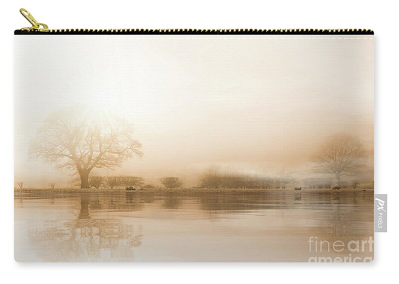 Winter Zip Pouch featuring the photograph Rural misty Norfolk landscape with water reflections by Simon Bratt