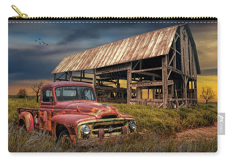 Harvester Zip Pouch featuring the photograph Rusted International Harvester Pickup Truck with Weathered Barn by Randall Nyhof