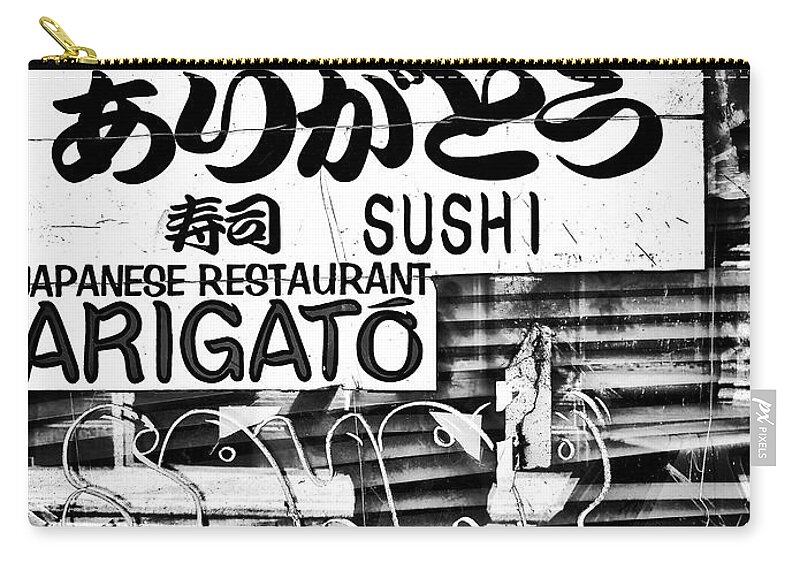 Sushi Zip Pouch featuring the photograph Rustic Sign of a Sushi Restaurant by Tito Slack