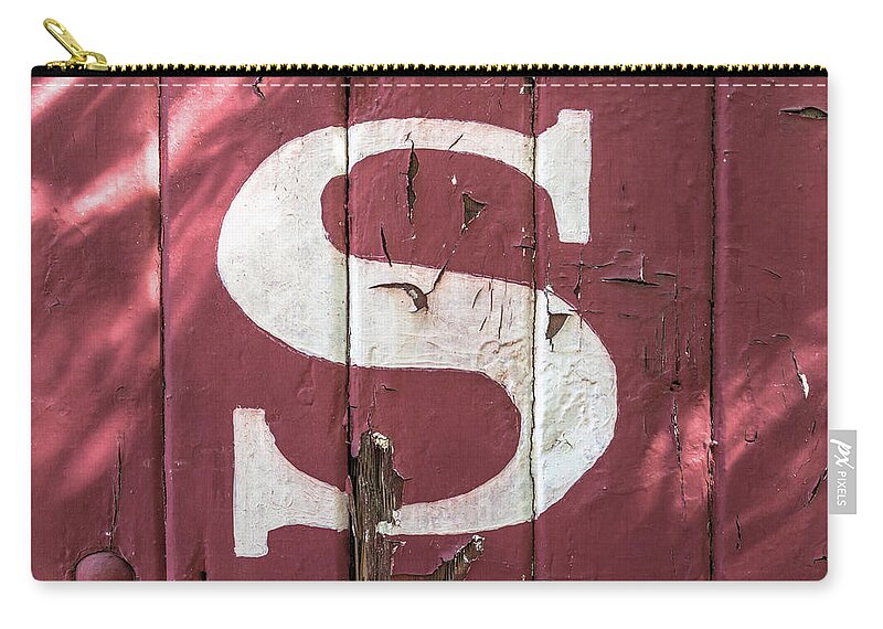 Letter Zip Pouch featuring the photograph S on Red-Painted Wooden Siding by Mark Roger Bailey