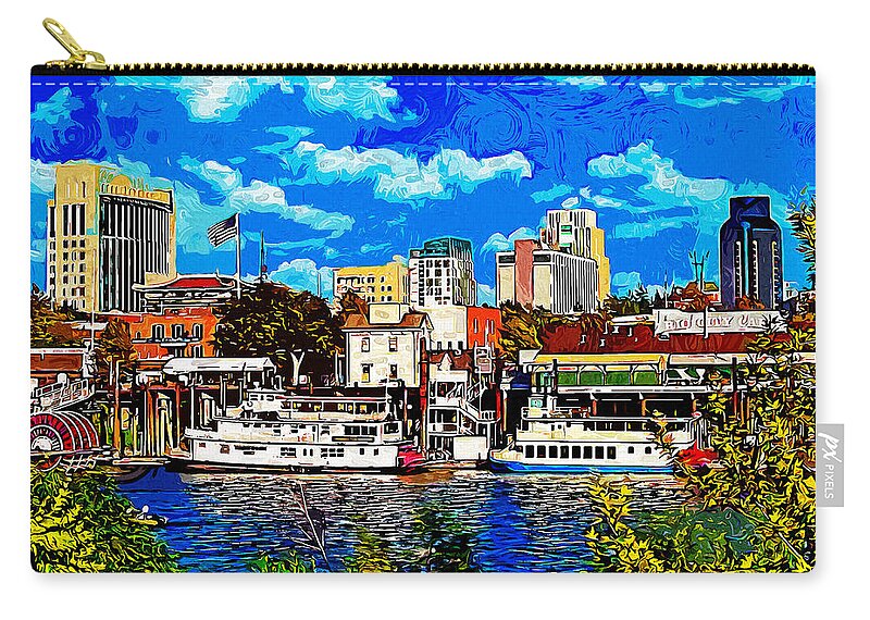 Sacramento Zip Pouch featuring the digital art Sacramento cityscape from the riverwalk - impressionist painting by Nicko Prints