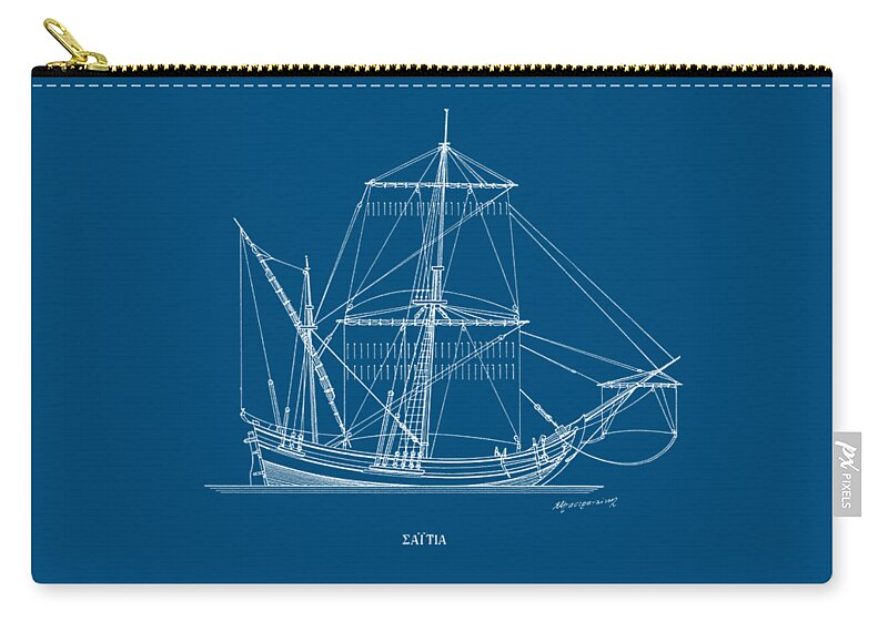Sailing Vessels Zip Pouch featuring the drawing Saetia - traditional Greek sailing ship - blueprint by Panagiotis Mastrantonis