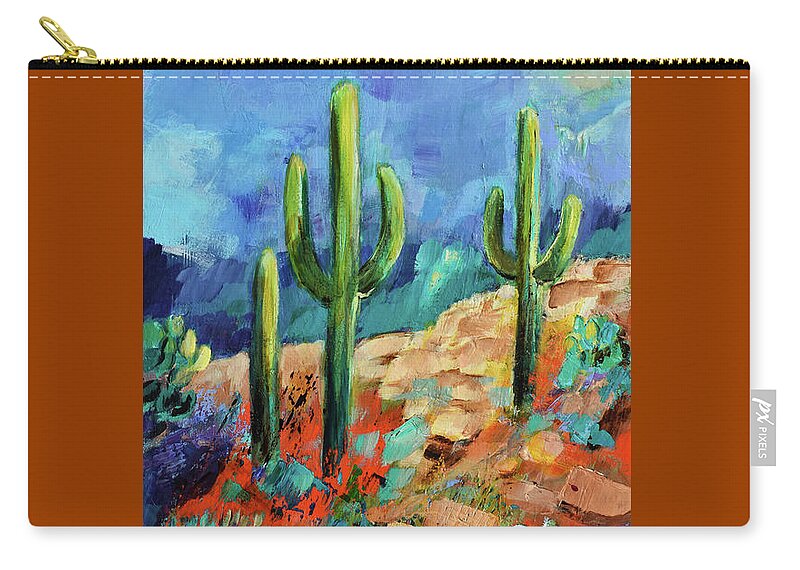 Saguaro Zip Pouch featuring the painting Saguaro Trio - Arizona by Elise Palmigiani