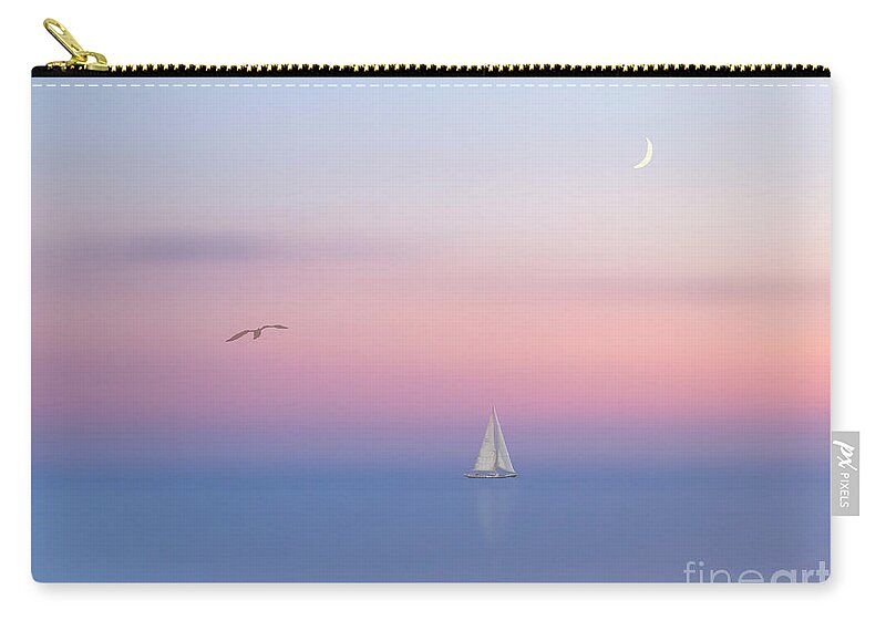 Sail Sunset Soft Gentle Calmness Serenity Relaxation Restful Triangles Moon Bird Landscape Scenery Seascape Ship Boat Beautiful Delicate Touching Emotional Impressionism Impression Alone Lonely Loneliness Solitude Delightful Romantic Fairy Poetic Magical Still Spiritual Nostalgic Inspirational Uplifting Blue Pink White Minimal Minimalist Minimalism Sailing Three Ocean Relax Sweet Dreamy Dream Timeless Foggy Misty Pleasing Appealing Painterly Artistic Watercolor Pastel Fantasy Peaceful Dawn Dusk Zip Pouch featuring the photograph Allure. Sail Fog And Sunset. Triangles.  by Tatiana Bogracheva