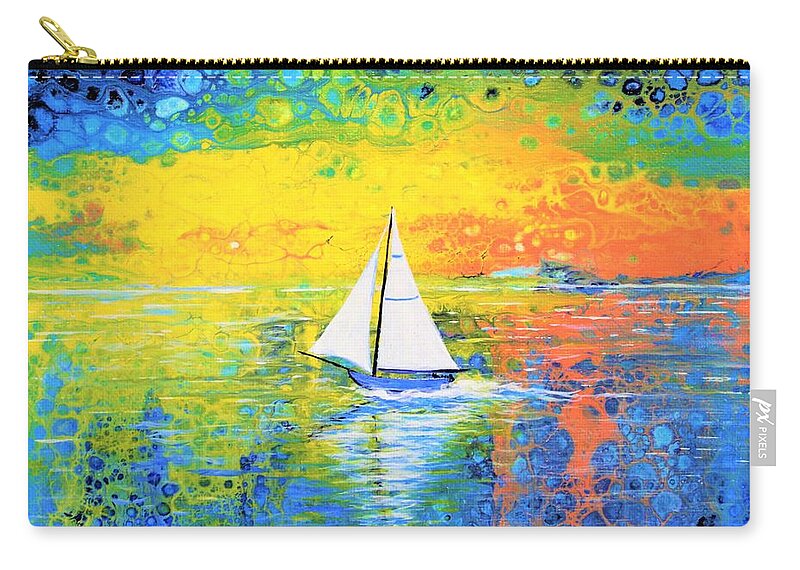 Wall Art Sailboat Sky Pouring Art Sunrise Sunset Home Decor Blue Sky Water Lake Art Gallery Acrylic Painting Abstract Painting Zip Pouch featuring the painting Sailboat by Tanya Harr