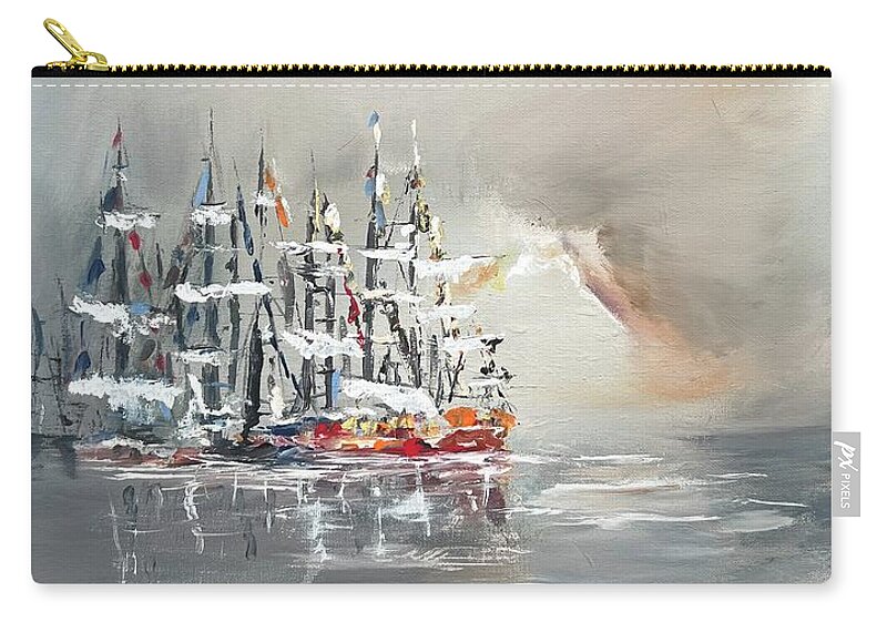 Sailing Boats At Harbor Miroslaw Chelchowski Acrylic Painting Print Ocean Dark Rest Boats Cloudy Seascape Water Gray Zip Pouch featuring the painting Sailing boats at harbor by Miroslaw Chelchowski